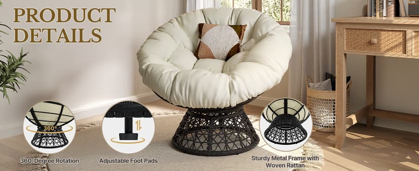Yaheetech Indoor Papasan Chairs with Thick Tufted Cushions and Frame, Swivel Wicker Ergonomic Lounge Reading Chairs for Living Room/Bedroom, Beige