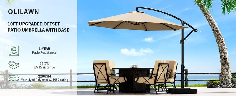 10ft Patio Umbrella with Base Included, Outdoor Offset Cantilever Umbrella w/Upgraded Yarn-dyed Fabric Shade, Sturdy 8 Rids, Easy Tilt Adjustment, for Pool Deck Porch Backyard Garden,Beige
