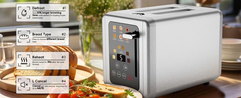 Touch screen Toaster 2 slice,Stainless Steel Digital Timer Toasters with Sound Function,6 Bread Types & 6 Shade Settings,Smart Extra Wide Slots Toaster with Bagel,Defrost Functions