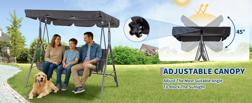 Outdoor Porch Swing Chair with Adjustable Canopy for Adults 3 Seat Glider Bench with Thickened Cushions Outside Patio Swing for Backyard Lawn Garden Black