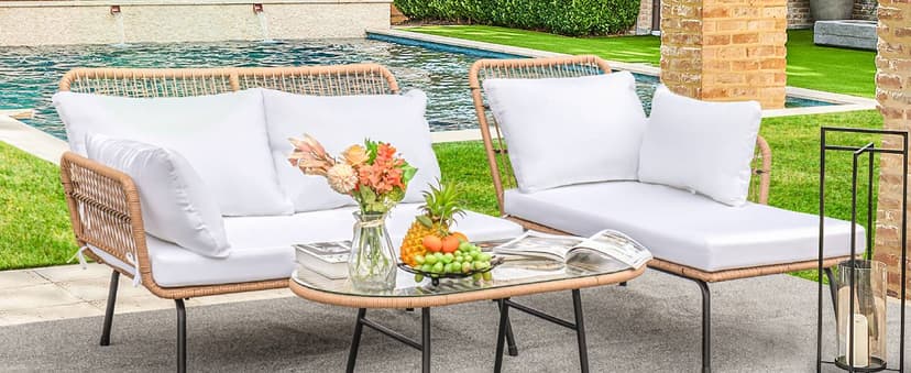 Devoko Outdoor Patio Furniture Set, Outdoor Sectional Conversation Rope Woven L-Shaped Sofa Set with Patio Table and Thick Cushions for Backyard Porch Balcony Garden, White