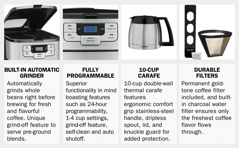 Cuisinart 10 Cup Coffee Maker with Grinder, Automatic Grind & Brew, Black/Silver, DGB-450NAS