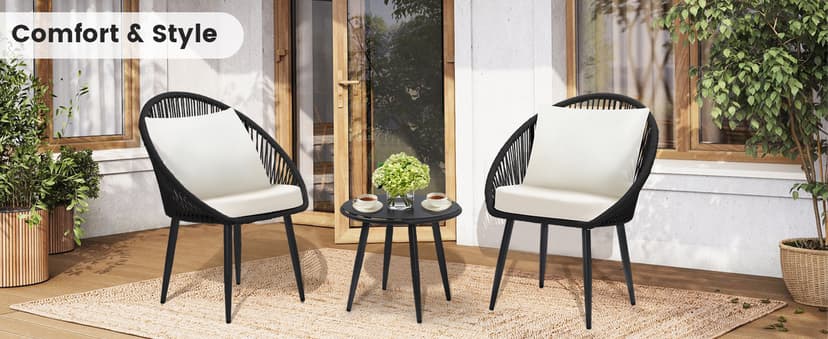 3 Pieces Bistro Set, Woven Rope Chair with Cushions, All Weather Patio Conversation Set and Side Table, Ideal for Deck, Balcony, Poolside, Black