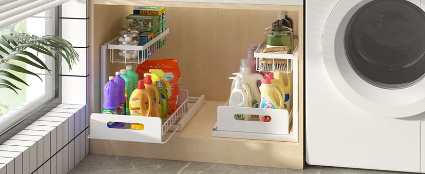 REALINN Under Sink Organizer, Pull Out Cabinet Organizer 2 Tier Slide Out Sink Shelf Cabinet Storage Shelves, Under Sink Storage for Kitchen Bathroom Cabinet, White, 1 Pack