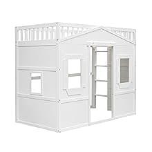Merax Twin Size Wood Loft Bed, House Bed Frame with Ladder and Safety Guardrails for Kids, No Box Spring Needed, White