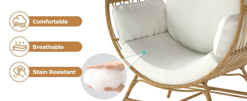 Egg Chair Outdoor Indoor, Oversized Rattan Chair with Thicken Cushion, 350LBS Capacity Wicker Patio Lounge Chair, Basket Chair for Living Room Balcony Porch Backyard, Beige