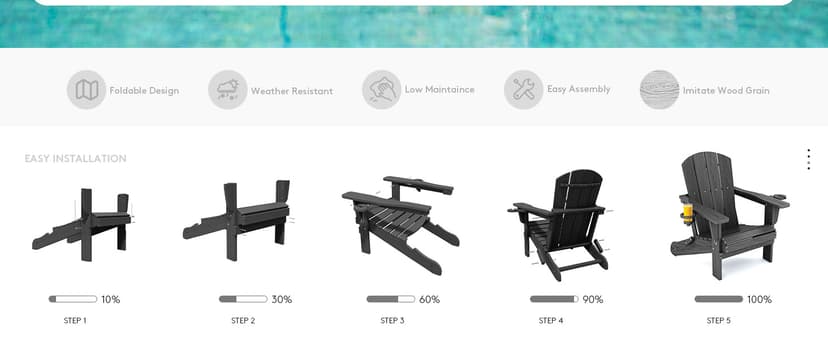 SERWALL Foldable Adirondack Chair, HDPE Adirondack Chair with Wood-Texture-Gray