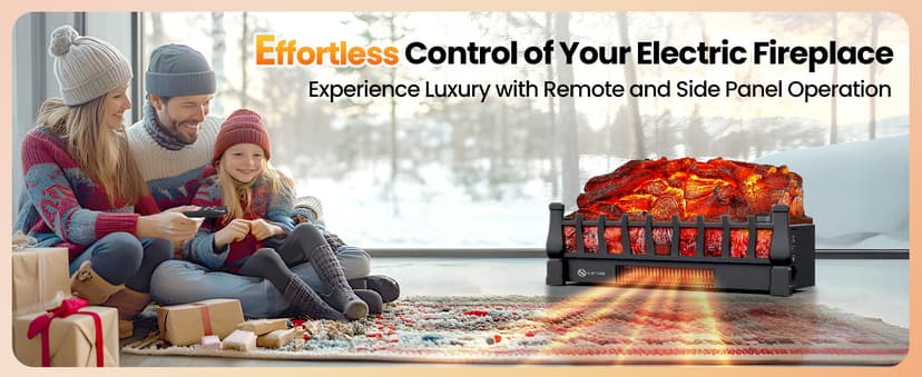 Electric Fireplace Logs Inserts Heater with Infrared Remote Controller 5 Flame Brightness 24 H Timer Overheating Protection for Home and Office Decor Black