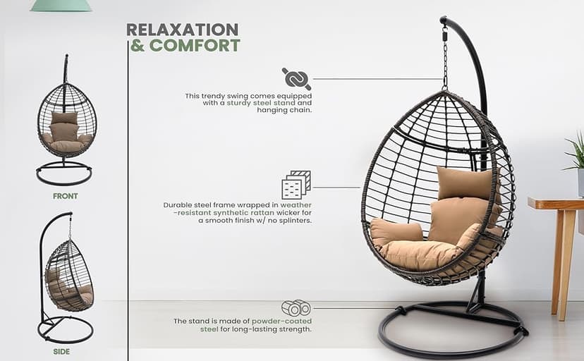 SereneLife Hanging Wicker Egg Swing Chair with Cushions & Stand – Brown Rattan Outdoor/Indoor Chair with 66 lb Capacity, Powder-Coated Steel Frame, Washable Weather-Resistant Cushions