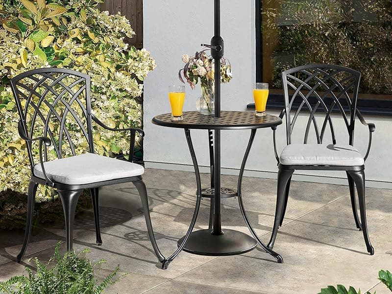 NUU GARDEN Bistro Set 3 Piece Outdoor Cast Aluminum Patio Bistro Set Patio Table and Chairs Set of 2 with Umbrella Hole and Gray Cushions, Black