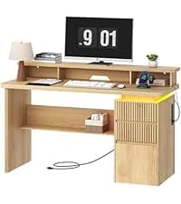 55'' Farmhouse Executive Desk with Drawers, Computer Desk with File Cabinet and Side Bookshelf, Writing Gaming Desk with Monitor Stand & Charging Station, White and Walnut