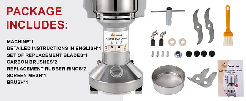 FoundGo Electric Grain Mill 10.6oz/300g Commercial Grain Grinder Stainless Steel Powder Grinding Machine 25,000rpm Pulverizer for Spice/Coffee/Flour/Pepper/Herb Superfine (300g, Standing)