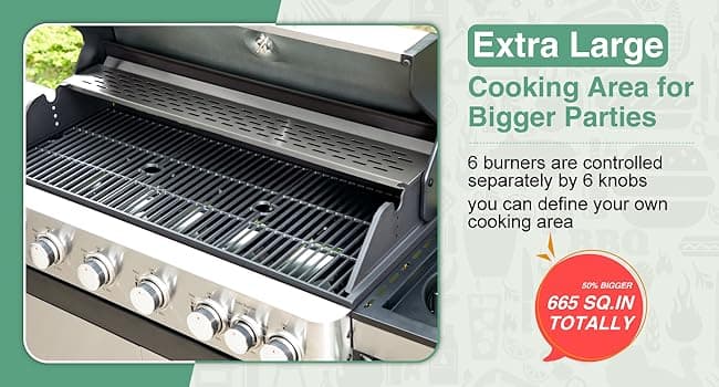 Captiva Designs 6-Burner Propane Gas BBQ Grill with Side Burner & Porcelain-Enameled Cast Iron Grate for Outdoor Kitchen & Backyard Barbecue, 65,800 BTU Output,665 SQ.IN. Cooking Area,Stainless Steel