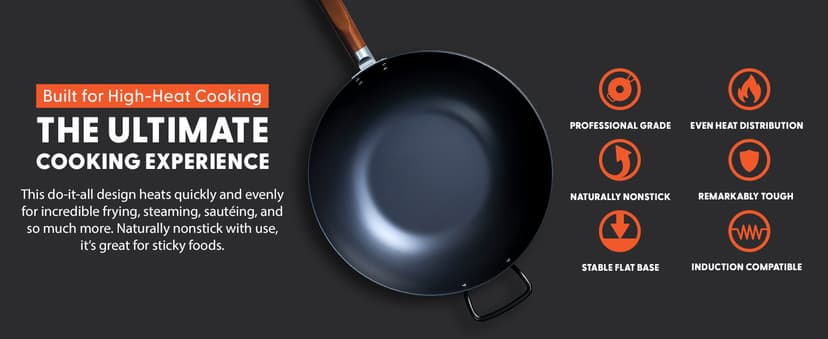 GreenPan Carbon Steel Wok 14”, Flat Bottom, Durable Stir-Fry Pan, Pre-Seasoned Nonstick Patina, High Heat Retention, Induction, Ash Wood Handle, Kyoto, Black