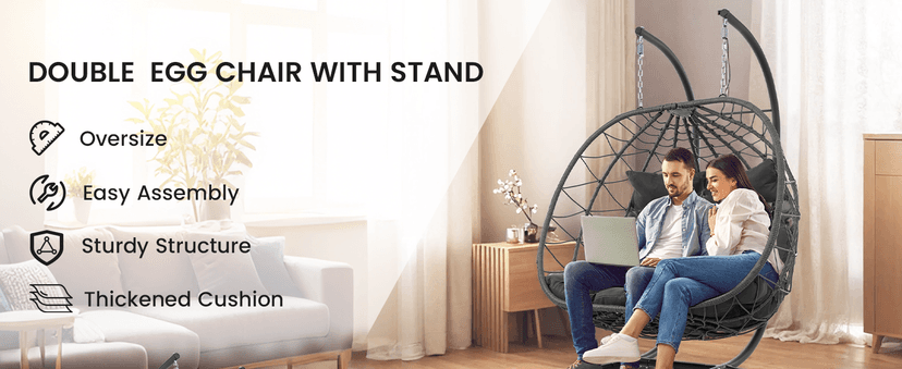 2 Person Double Egg Swing Chair with Stand Indoor Outdoor, Hammock Egg Chair Outdoor, Patio Wicker Hanging Egg Chair w/Cushion 700LBS Capacity for Bedroom, Balcony, Garden, Dark Grey