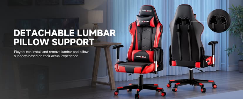 GTRACING Gaming Chair with Reclining Backrest, Adjustable Height and Swivel Base, Ergonomic Computer Chair with Headrest and Lumbar Support (Red)