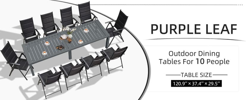 PURPLE LEAF Outdoor Dining Table 121" X 37" Slatted Tabletop Large Aluminum Rectangular Patio Dining Table for 10, Weather-Resistant Patio Table for Backyard Garden Lawn Porch Deck