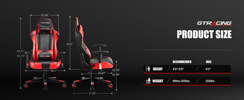 GTRACING Gaming Chair with Reclining Backrest, Adjustable Height and Swivel Base, Ergonomic Computer Chair with Headrest and Lumbar Support (Red)
