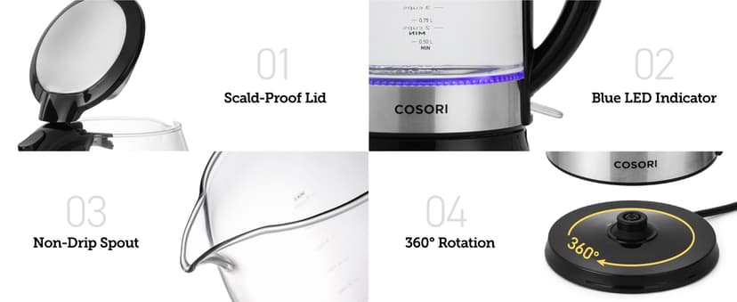 COSORI Speed-Boil Electric Tea Kettle, 1.7L Hot Water Kettle (BPA Free) 1500W Auto Shut-Off & Boil-Dry Protection, LED Indicator Inner Lid & Bottom, Transparent