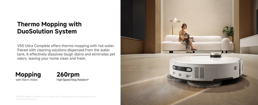 Mova V50 Ultra Complete Robot Vacuum and Mop Self-Cleaning, 24,000 Pa Suction, Liftable Navigation with Obstacle Overcoming and Warm Water Mopping with DuoSolution System Designed for Pets, White