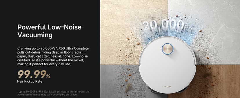 DREAME X50 Ultra Complete Robot Vacuum and Mop with Auto-Empty and Mop Self-Cleaning, 20,000Pa Suction, Obstacle Avoidance and 360° Navigation, Corner to Edge Deep Cleaning, Detangling Brush (White)