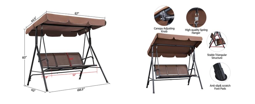 Yaheetech Outdoor Porch Swing Chair for Adults, 3-Seat Patio Hanging Swing w/Adjustable Canopy, Armrests, Porch Swing Sets w/Stand, Breathable Fabric for Backyard/Garden/Balcony, Dark Brown