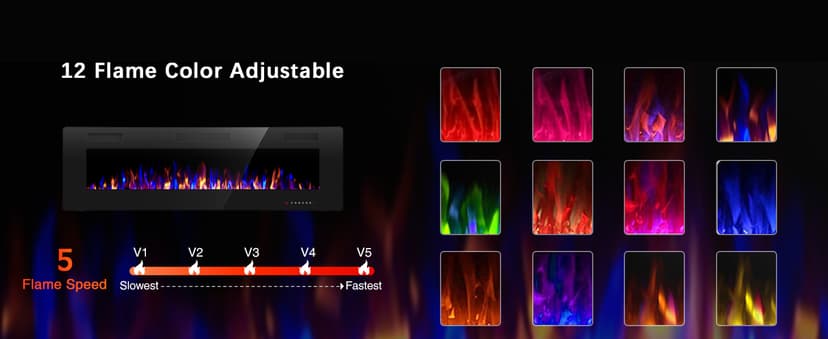 R.W.FLAME 60" Recessed and Wall Mounted Electric Fireplace, Low Noise, Fit for 2 x 6 Stud, Remote Control with Timer, Touch Screen, Adjustable Flame Color and Speed, 750-1500W