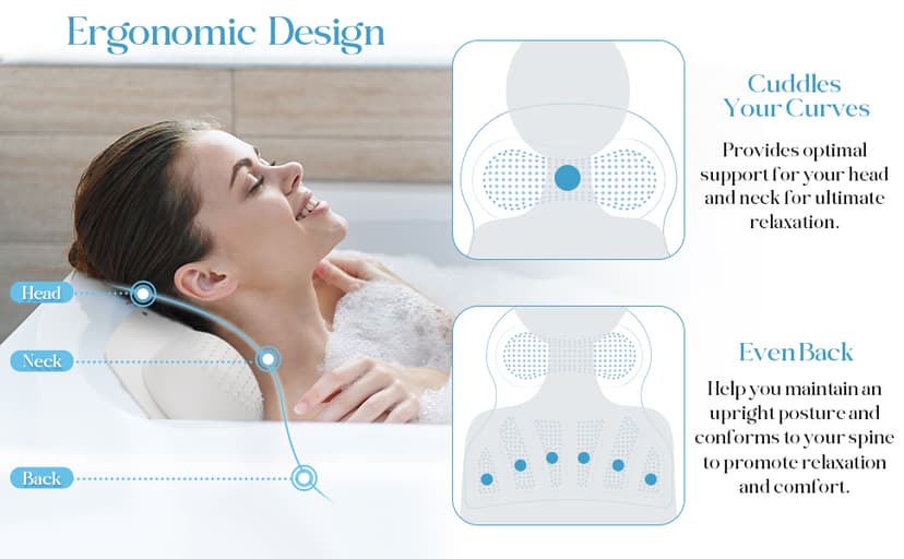 Bath Pillow Luxury Bathtub Pillow, Bath Pillows for Tub Head Neck and Back Support, Non-Slip Soft Silicon Bath Tub Pillow with Strong Suction Cup, Bath Accessories Spa Gifts, White