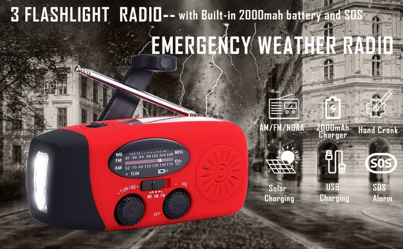 FM/AM/NOAA Weather Radio Hand Crank Self Powered Solar Portable Mini Emergency Survival Radios with 3 LED Super Bright Flashlight 2000mah Battery Operated Power Smart Phone Charger,SOS