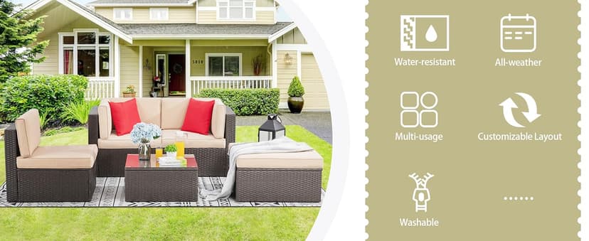 Vongrasig 5 Piece Patio Furniture Sets, All-Weather Brown PE Wicker Outdoor Couch Sectional Set, Small Conversation Set for Garden/Patio w/Ottoman, Glass Table, Red Pillow, Beige