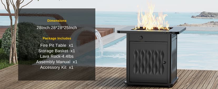 EAST OAK 28'' Propane Fire Pit Table, 50,000 BTU Steel Gas FirePit for Outdoor, Outside Patio Deck and Garden, CSA Certified Fire Table with Magnetic Lid, Cover-Storage Basket and Lava Rock , Black