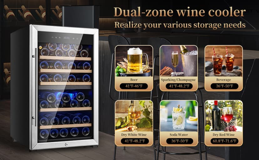 Wine Refrigerators,52-bottle Wine Fridge Cooler Freestanding Wine Refrigerator,(Bordeaux 750ml) Dual Zone Compressor Wine Cellar Chiller