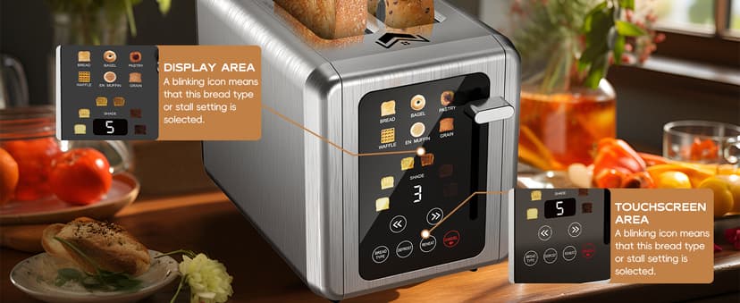 Touch screen Toaster 2 slice,Stainless Steel Digital Timer Toasters with Sound Function,6 Bread Types & 6 Shade Settings,Smart Extra Wide Slots Toaster with Bagel,Defrost Functions