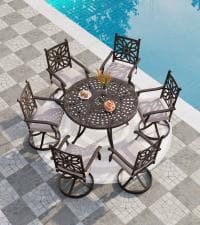 PHI VILLA Cast Aluminum Patio Dining Set for 6 Person, 7 Piece Outdoor Patio Set with 64" x 37" Cast-Top Aluminum Table(2.3" Umbrella Hole), 4 Dining Chairs and 2 Swivel Rockers with Seat Cushions