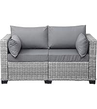 Rattaner 7-Piece Outdoor Furniture Sets Patio Furniture Set with 45-inch Fire Pit Patio Couch Outdoor Chairs 60000 BTU Propane Fire Pit Table with Non-Slip Cushions Waterproof Covers, Light Grey