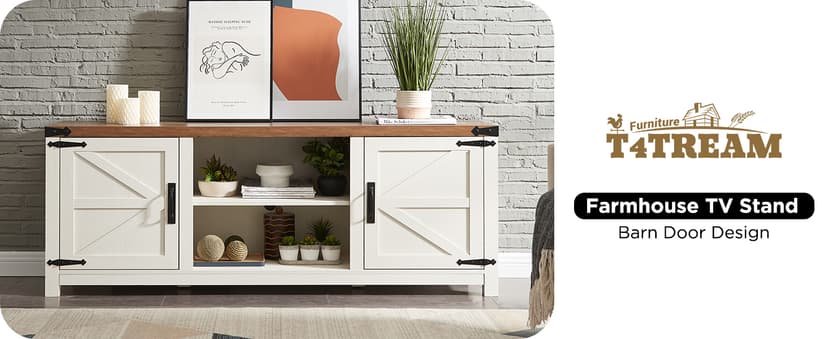 T4TREAM Farmhouse TV Stand for TVs Up to 75 inches, Wood Barn Door Media Television Console Table with Storage Cabinets, Easy Assembly Modern Entertainment Center for Living Room, Antique White