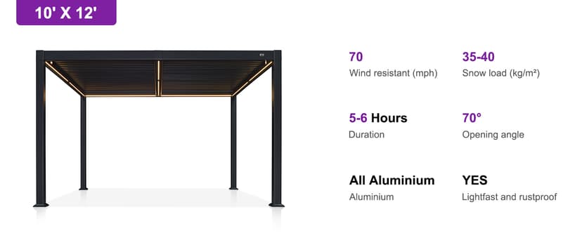 PURPLE LEAF Solar Louvered Pergola 92KS 10' x 12' with LED String Lights and Control Panel Aluminum Outdoor Pergola with Adjustable Roof for Patio Deck Garden Yard Gray