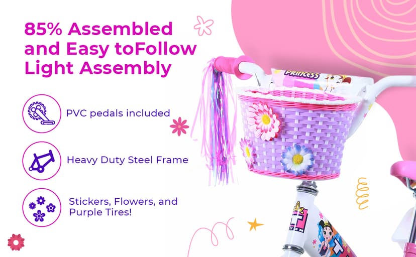 Titan Girls BMX Bike for Kids Ages 4-7, 16-Inch Wheels, 9-Inch Frame, Training Wheels, Toy Seat, Doll Basket, Streamers, First Bike, Princess Bicycle, Gift for Girls