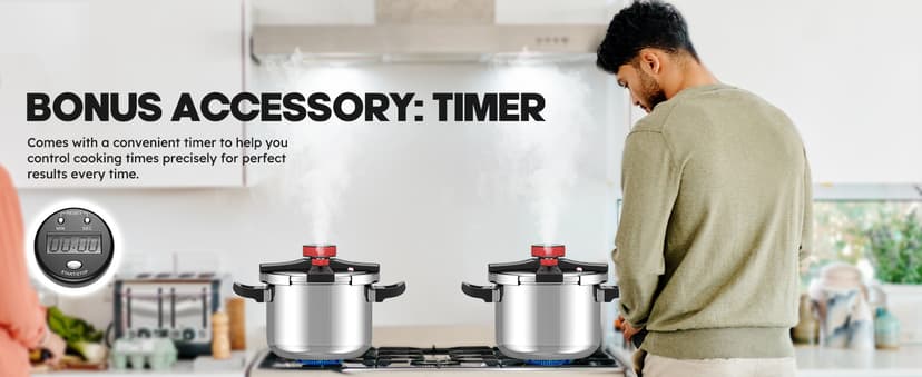 BreeRainz 8.45QT 304 Stainless Steel Pressure Cooker, 3-Stage PSI Settings, One-Hand Locking,Explosion-Proof Pot w/Extra Glass Lid, Timer, Steaming Rack(Induction Compatible)