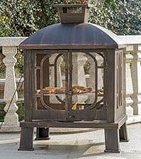 45" H×31''W Metal Chiminea Fire Pit with Grill, Wood Burning Fire Pits for Outside,Square Chimineas Fireplace with Mesh Spark Screen Door& Fire Poker for Garden,Yard,BBQ,Bonfire