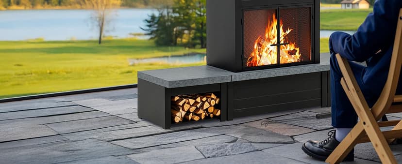 Sunjoy Outdoor Fireplace with Wood Storage and Chimney, Steel Metal Fire Pit with Mesh Spark Screen Door & Fire Poker, Fireplace Tool and PVC Cover, for Patio Garden Deck Backyard, Black