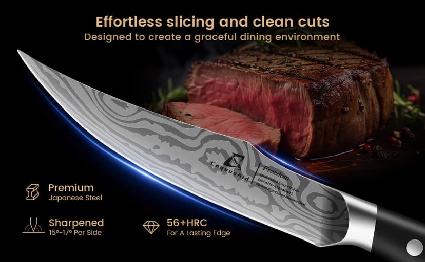 Steak Knives Set of 8, 4.8 Inch Straight Edge Ultra Sharp Durable Meat knives with Rest, High Carbon Stainless Steel Damascus Pattern Triple Rivet Handle, Ideal for Home Restaurant Party