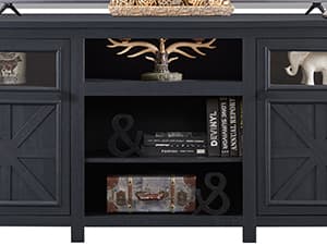 JXQTLINGMU Farmhouse TV Stand for 75 Inch TV, Entertainment Center with Storage, Rustic TV Cabinet with Barn Doors, 66" TV Console for Living Room, Adjustable Shelf - Black