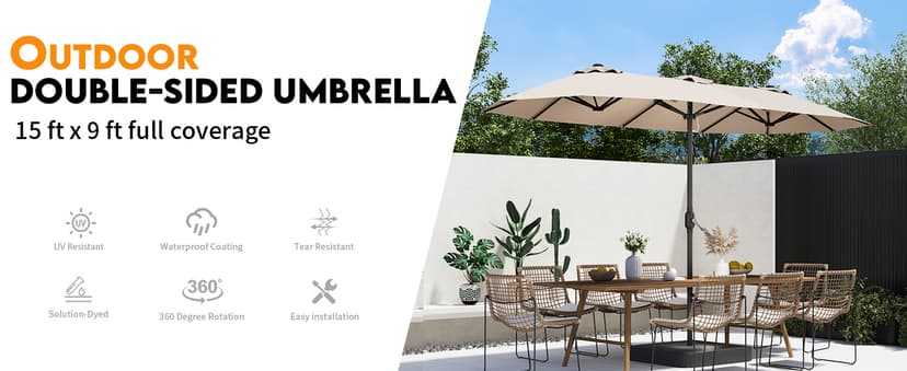 15ft Patio Umbrella with Base,Large Outdoor Double-Sided Rectangle Umbrella with Crank Handle, Market Umbrella for Poolside Garden Deck Backyard Beach Pools, Beige