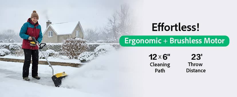 12-Inch Cordless Brushless Snow Shovel Compatible with DeWalt 20V/60V Battery(Tool Only) Electric Snow Blower with 23ft Throwing Distance, Adjustable Chute, Smart Control, LED Light for Driveway