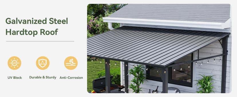 Aoxun 10' x 14' Lean to Gazebo, Upgraded Hardtop Outdoor Pergola with Sloping Galvanized Steel Roof, Large Wall-Mounted Heavy Duty Awnings for Patio, Backyard, Deck, Porch