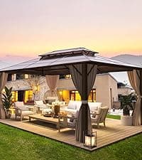 YOLENY 10'x13' Hardtop Gazebo, Outdoor Polycarbonate Double Roof Canopy, Aluminum Frame Permanent Pavilion with Curtains and Netting, Sunshade for Garden, Patio, Lawns