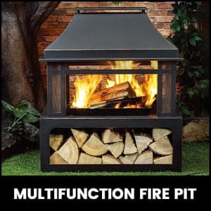 Outdoor Wood Burning Fireplace with Wood Storage and Removable Fire Grill - 40 Inch Large Metal Wicker Base Fire Pit for Patio Garden Deck Backyard, Black