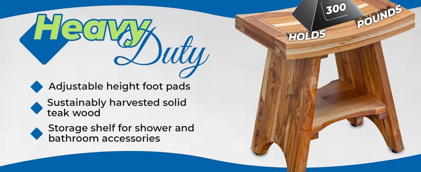 EcoDecors 18 Inch Serenity 300 Pound Capacity Waterproof Teak Wood Shower Bench Stool Seat Chair For Inside Shower Storage Shelf Provides Safety, and Storage, For Bathroom Accessories Natural Color
