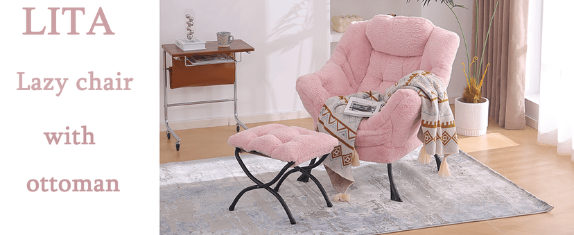 LITA Lazy Chair with Ottoman, Modern Accent Leisure Upholstered Lazy Sofa Armchair, Contemporary Lounge Reading Chair with Armrests and a Side Pocket for Living Room, Bedroom & Small Space, Dark Grey